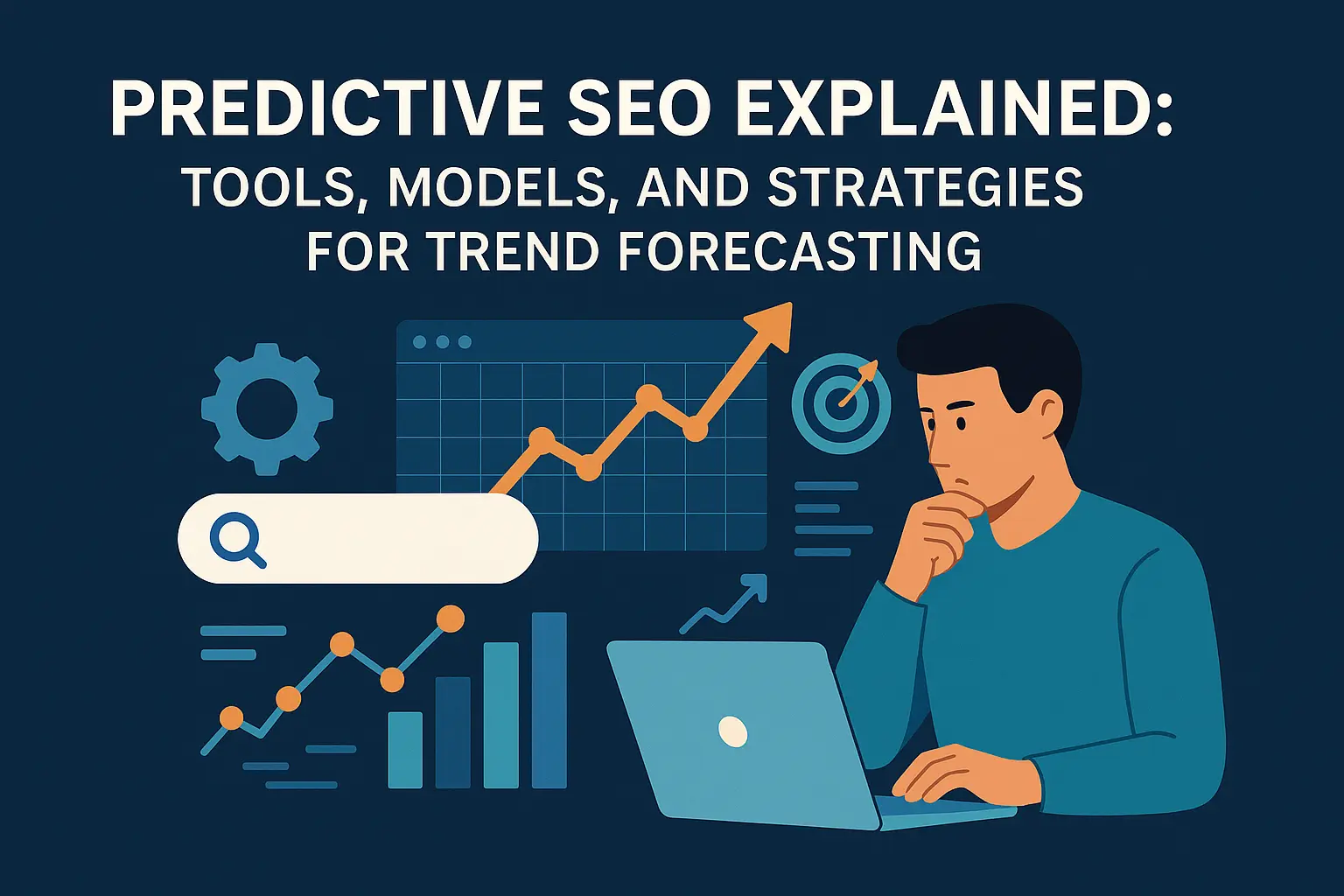 A conceptual illustration showing a futuristic dashboard with graphs, trend lines, and predictive analytics data floating above a laptop, symbolizing SEO trend forecasting and data-driven strategy planning.