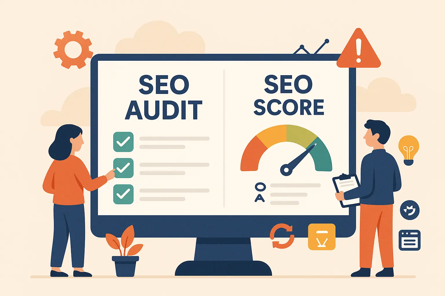 A modern SEO-themed illustration showing a comparison between an SEO audit and an SEO score, featuring a computer screen, checklists, graphs, rating meters, and analysis icons representing website optimization differences.