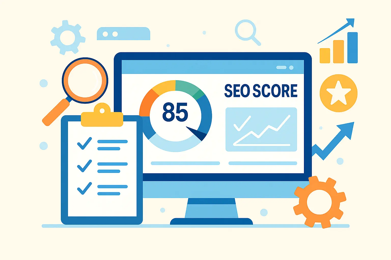 A modern flat-style illustration showing SEO score analysis on a computer screen, featuring graphs, rating meters, checklists, and optimization icons to represent how tools calculate SEO scores.