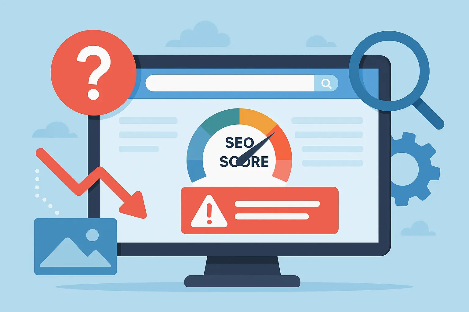 A modern flat-style illustration showing a frustrated website owner analyzing ranking issues on a computer screen despite having a high SEO score, with graphs, alerts, and optimization icons symbolizing ranking challenges.