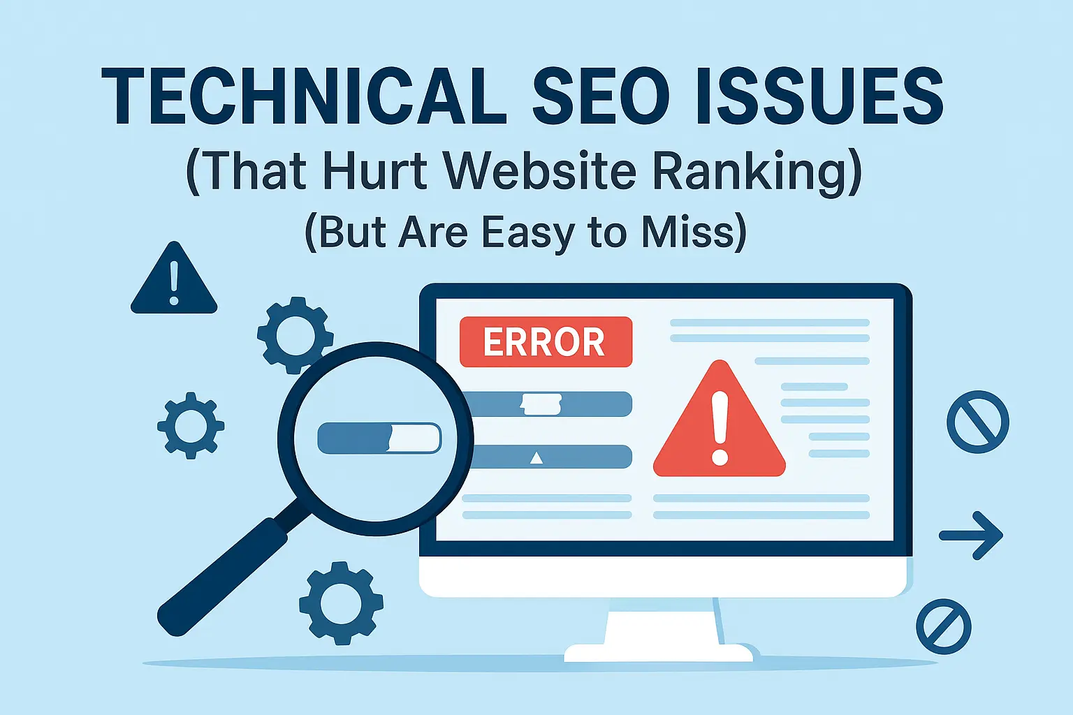A clean, modern SEO-themed illustration showing website technical elements such as gears, code symbols, graphs, error icons, and optimization visuals representing technical SEO issues and website performance analysis.