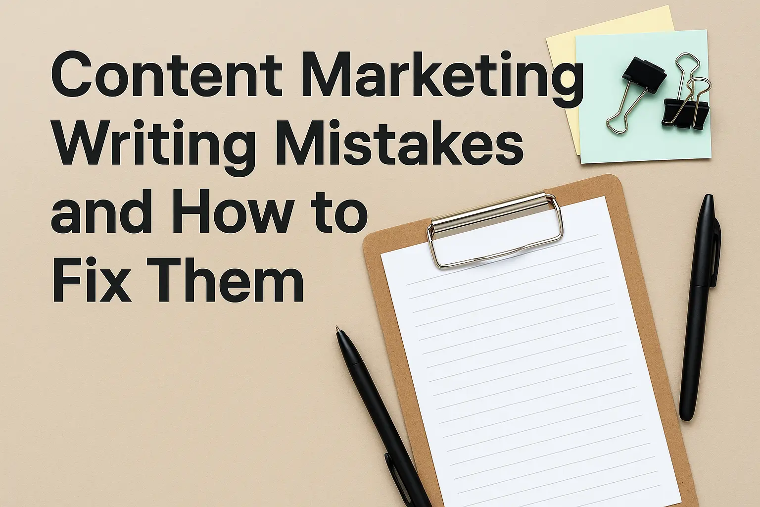 A beige background with office supplies including a clipboard, pens, sticky notes, and binder clips, featuring bold text that reads “Content Marketing Writing Mistakes and How to Fix Them.”