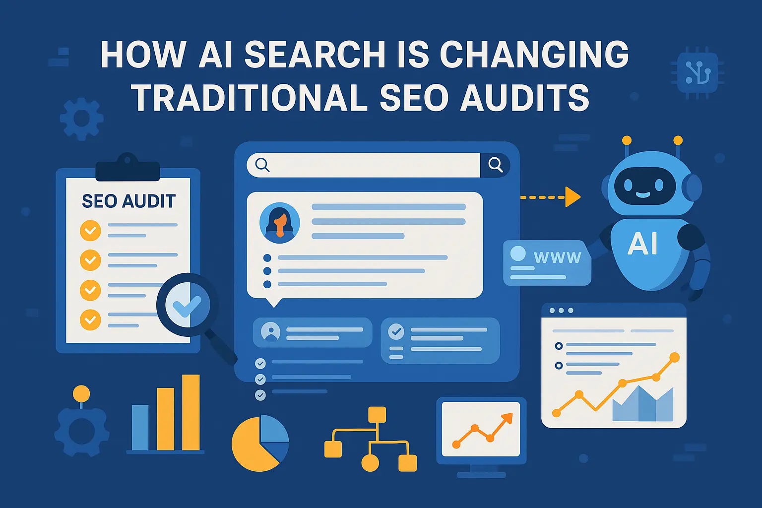 A modern flat-style illustration showing AI-powered search results, generative answer boxes, website audit elements, structured data icons, and analytical charts representing how AI Search (SGE) is transforming traditional SEO audits.