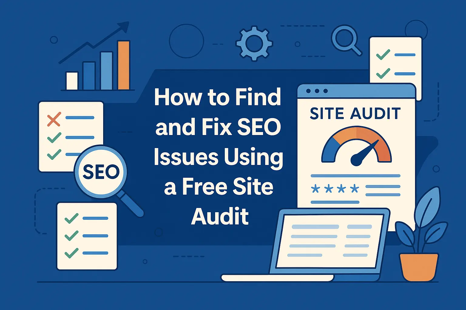 A clean flat-style illustration showing an SEO site audit report, checklists, magnifying glass, charts, and a laptop, representing how to find and fix SEO issues using a free audit tool.