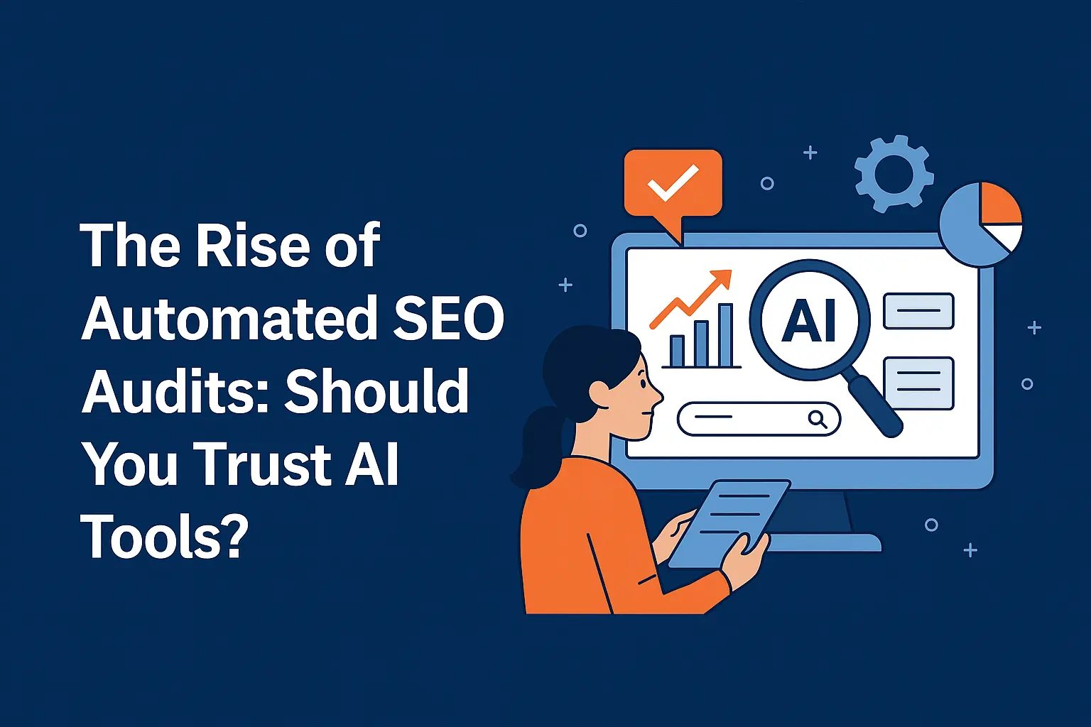 A modern flat-style illustration showing AI-powered SEO auditing, featuring a computer screen with analytics, automation icons, gears, graphs, and a robot analyzing website performance — representing automated SEO audits and AI tools.