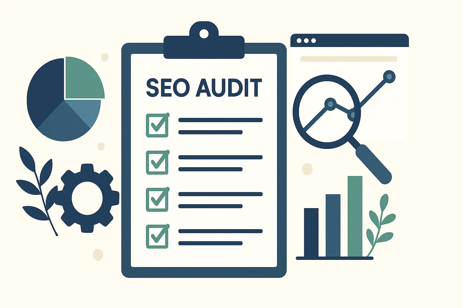 A professional flat-style illustration showing an SEO audit concept, including a clipboard checklist, charts, a magnifying glass, and optimization icons. The design represents website analysis, performance checking, and SEO improvement.