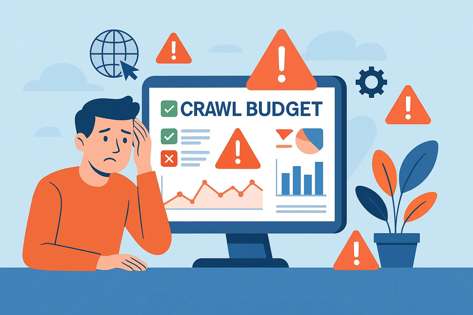 A modern flat-style digital illustration showing a website with crawl-related warnings, Googlebot crawling indicators, URL lists, error icons, and arrows representing crawl budget problems and optimization strategies.
